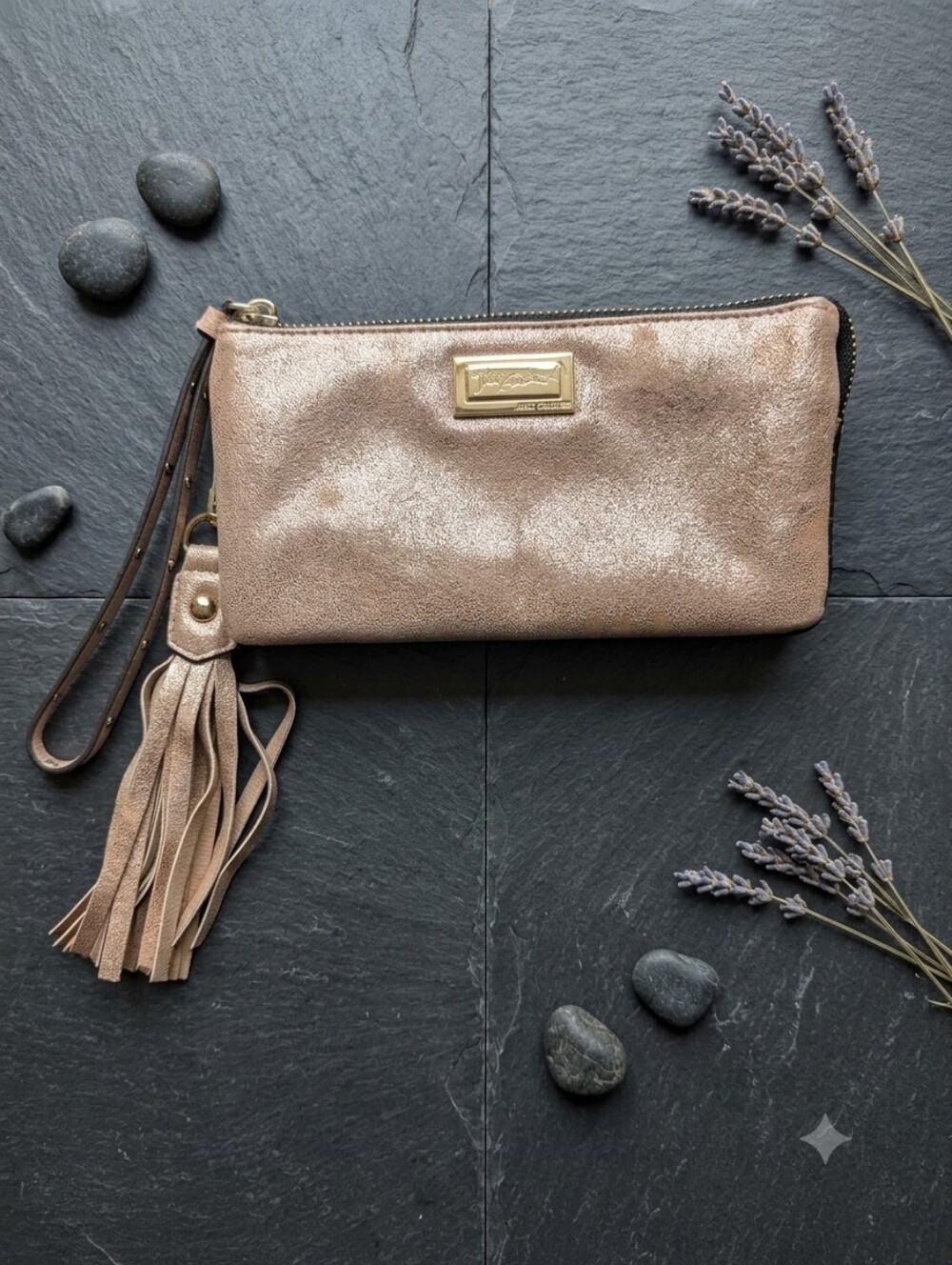 Juicy Couture Glitter Metallic Blush Wristlet Clutch with Tassel